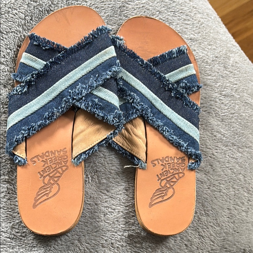 Blue and Tan Denim Slide Sandals and gold slide sandals.  Two pairs !